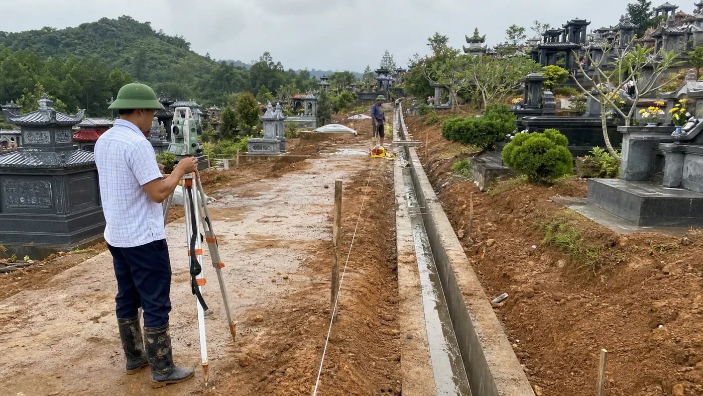 Khảo sát hướng dốc và thoát nước khu mộ