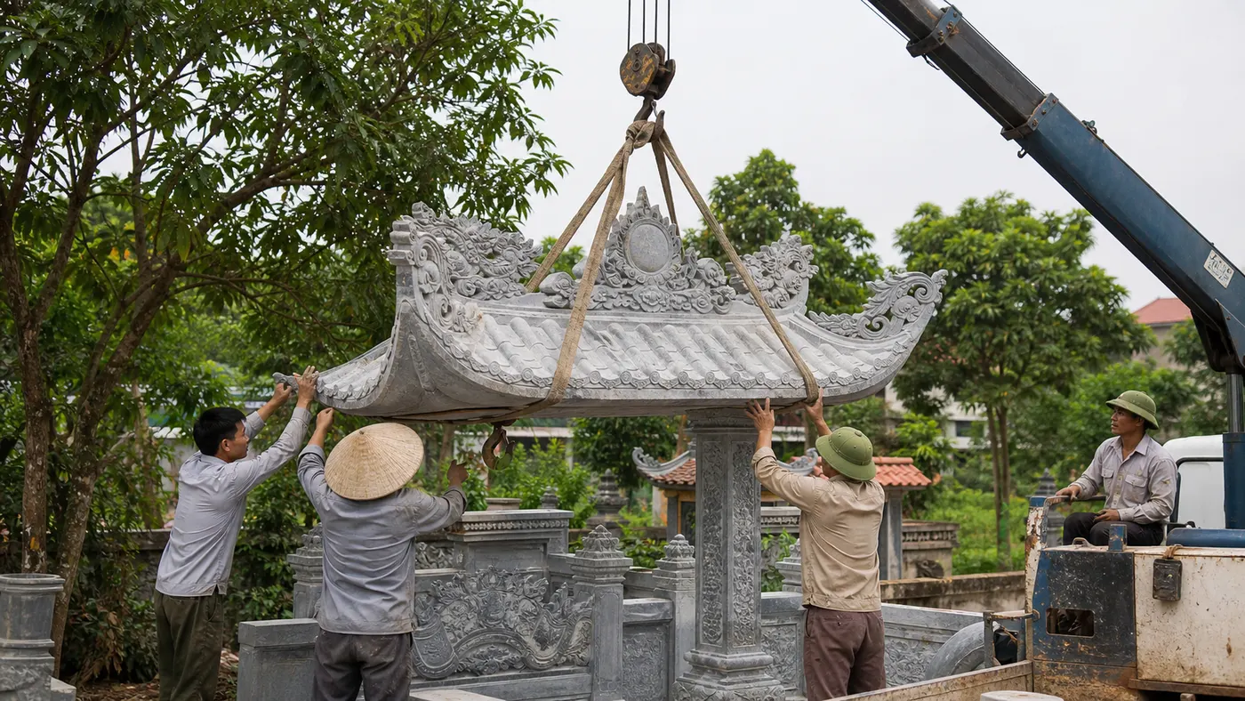 lắp dựng cấu kiện lăng mộ bằng cẩu