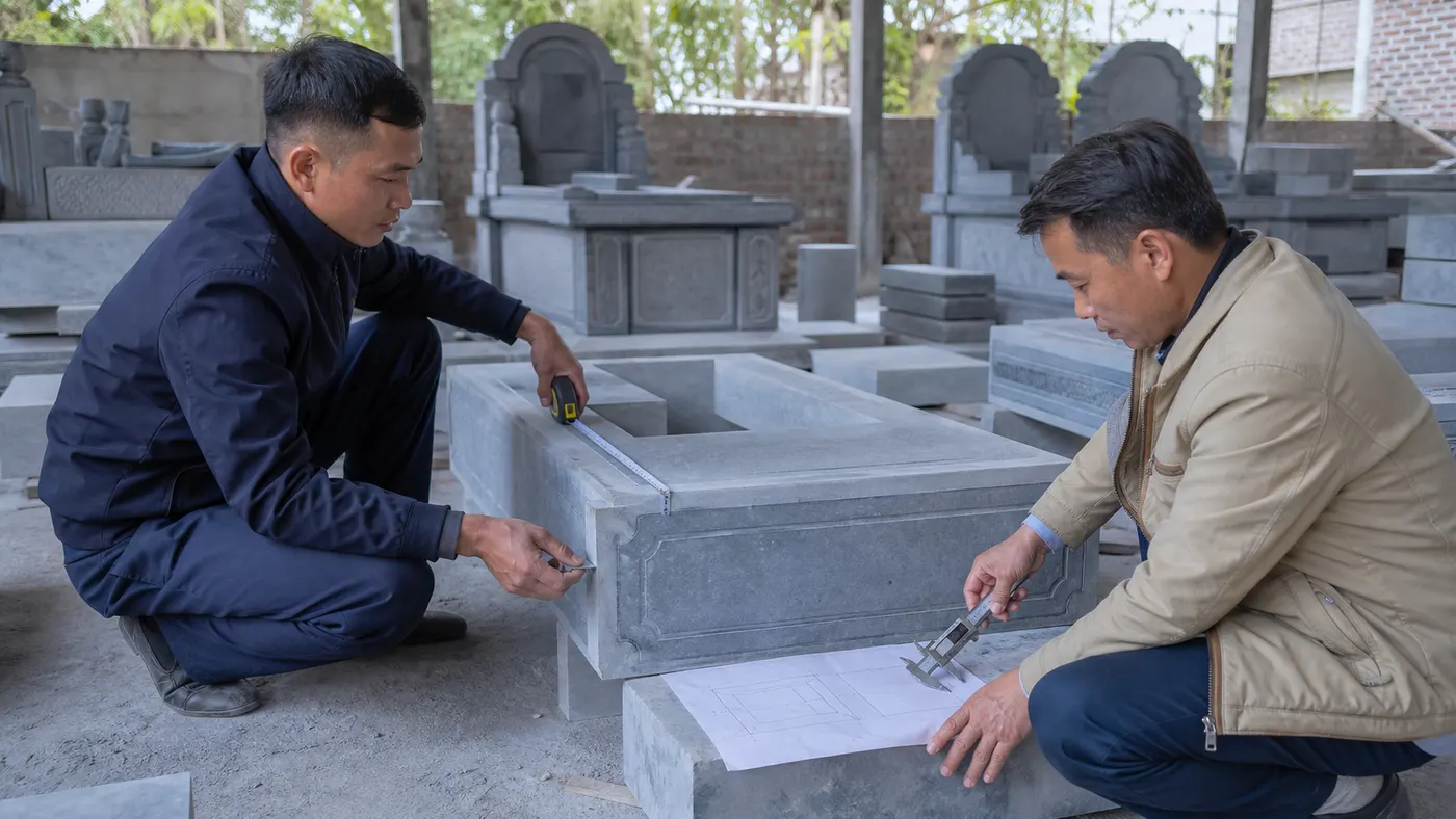 Chọn đá xanh và đo kích thước mộ hai mái