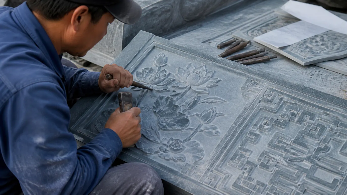 Chạm hoa văn sen trên thân mộ đá xanh