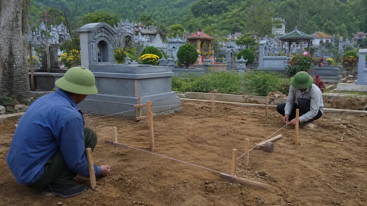 Đánh dấu kích thước mộ hai mái trên khu đất