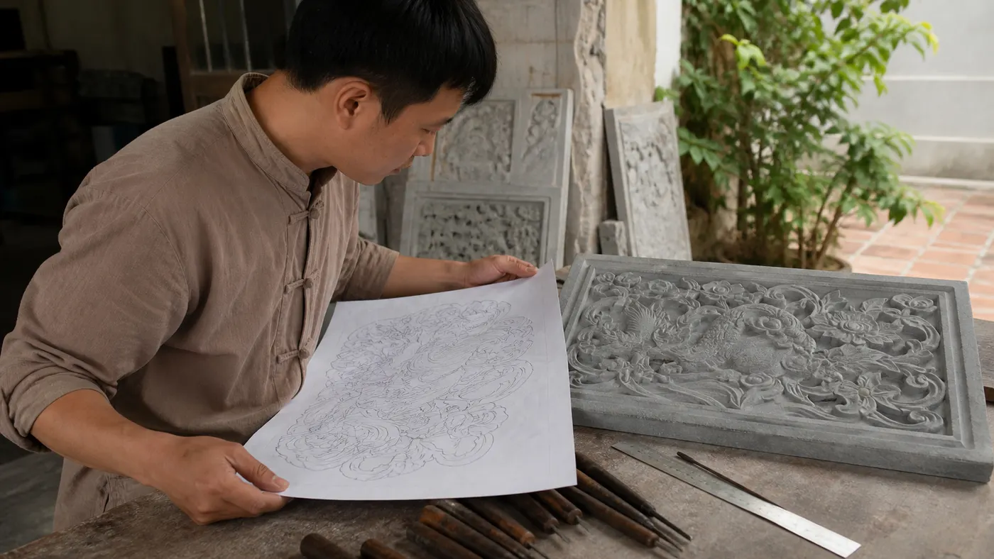 Duyệt mẫu chạm hoa văn trên đá xanh tự nhiên