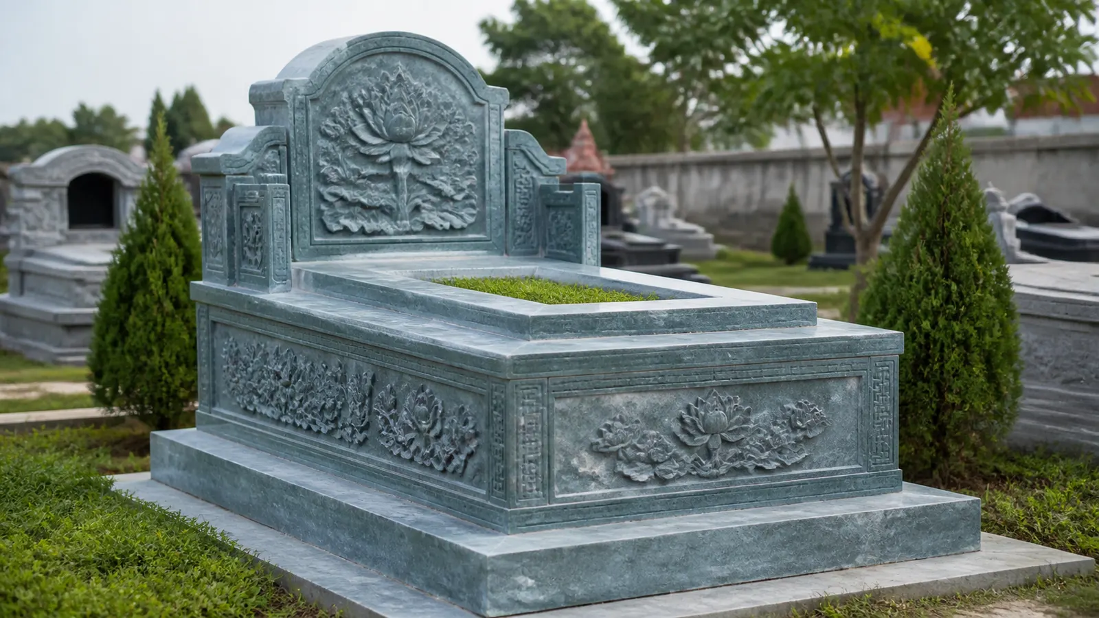 Mộ đá hai mái chạm hoa văn sen và hồi văn
