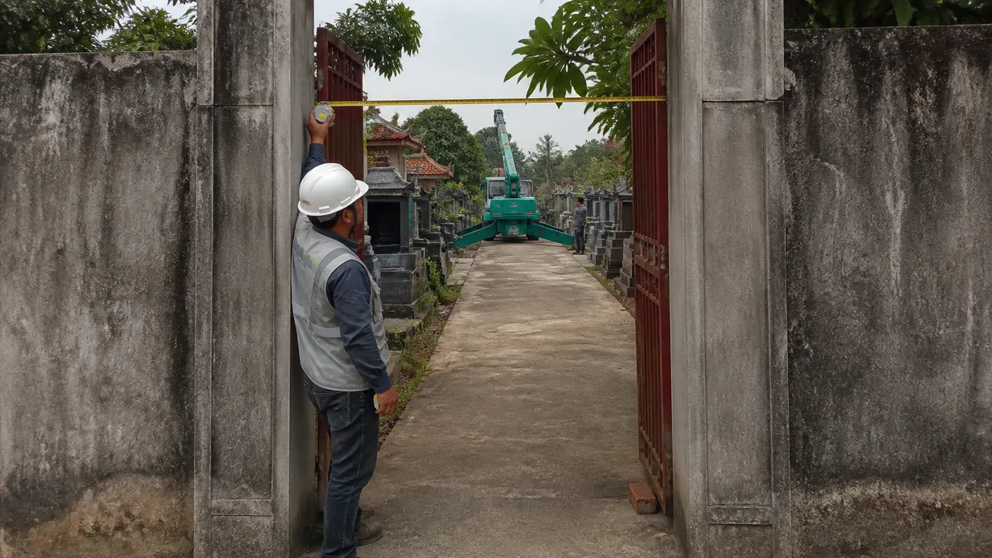 Khảo sát đường xe và bán kính cẩu lắp mộ đá